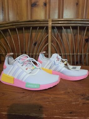 adidas Womens NMD R1 Lightweight Sneakers - White with Pink Accents